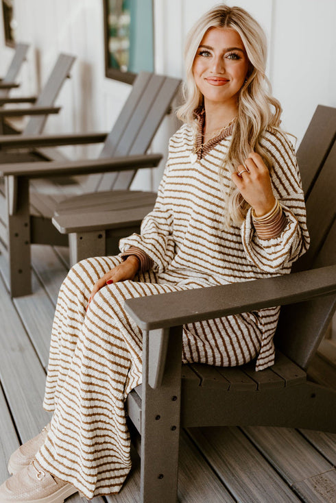 Striped Johnny Collar Pullover Drawstring Wide Leg Pant Set